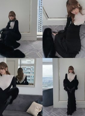 HunterGirl设计感小众气质修身拼接假两件蕾丝鱼尾黑色V领连衣裙