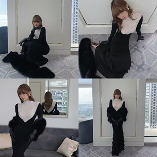 HunterGirl设计感小众气质修身拼接假两件蕾丝鱼尾黑色V领连衣裙