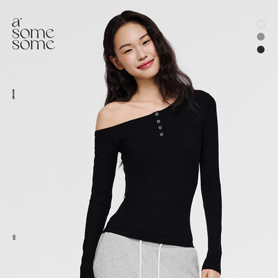 asomesome美式斜肩露肩针织长袖T恤女春秋修身基础内搭打底衫上衣