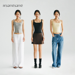 asomesome美式辣妹方领纽扣背心吊带女修身短款夏内搭无袖上衣