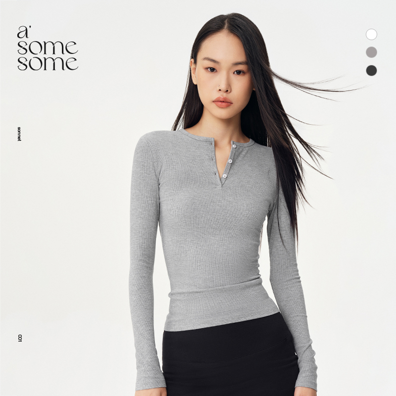 asomesome美式修身针织长袖T恤女白色紧身内搭休闲上衣亨利打底衫