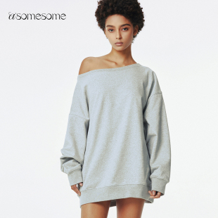 asomesome孙千同款 露肩灰色斜肩卫衣女春秋宽松上衣休闲外套 美式