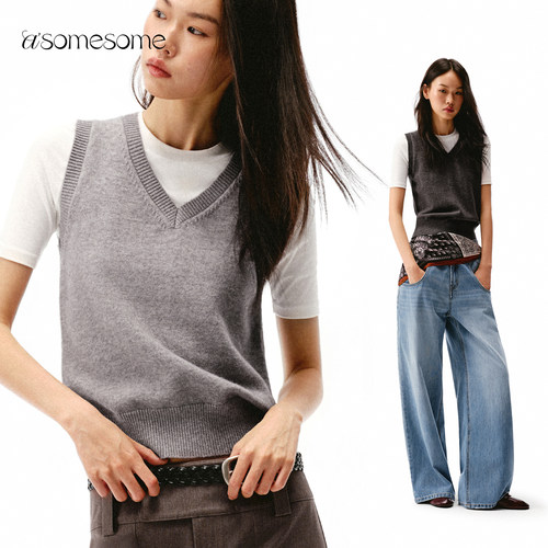 asomesomeV领马甲毛衣针织背心女