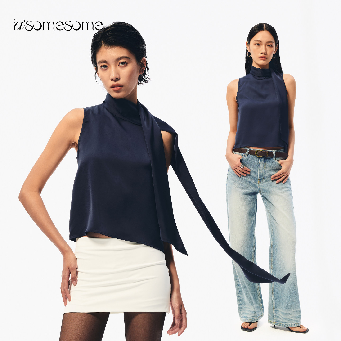 asomesome复古设计感立领飘带背心女夏通勤外穿吊带显瘦无袖上衣