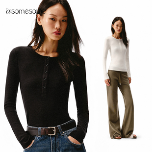 保暖白色内搭上衣 长袖 asomesome亨利领德绒打底衫 女秋冬磨毛修身