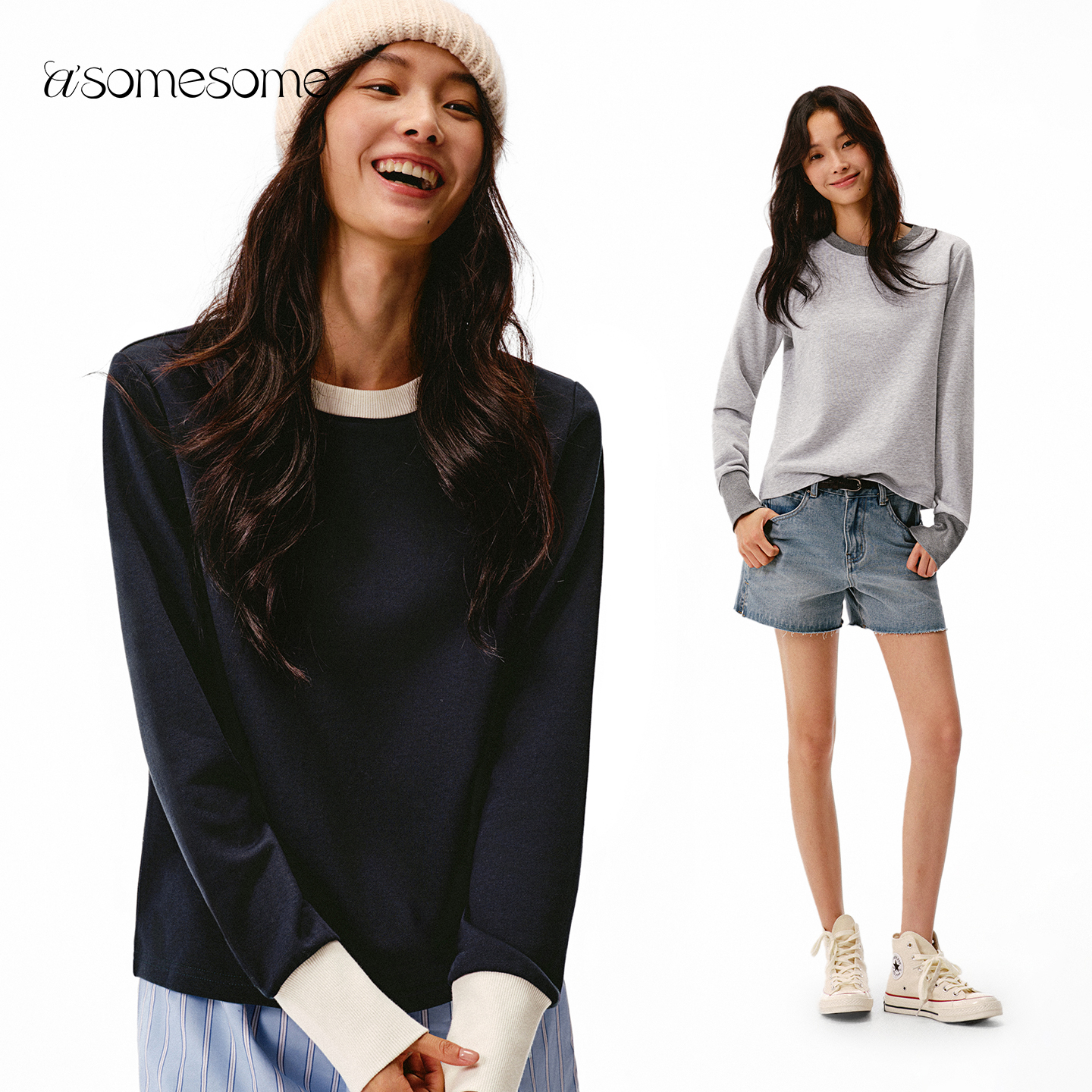 asomesome复古圆领拼接撞色宽松卫衣女秋冬运动休闲长袖针织上衣