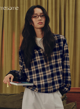 asomesome复古格纹翻领纯棉衬衫内搭女叠穿宽松打底长袖格子上衣