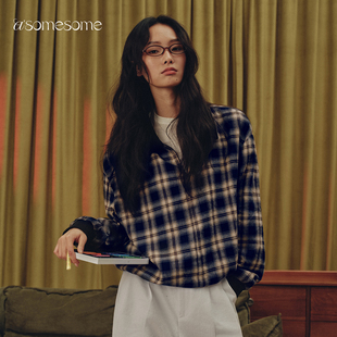 asomesome复古格纹翻领纯棉衬衫内搭女叠穿宽松打底长袖格子上衣