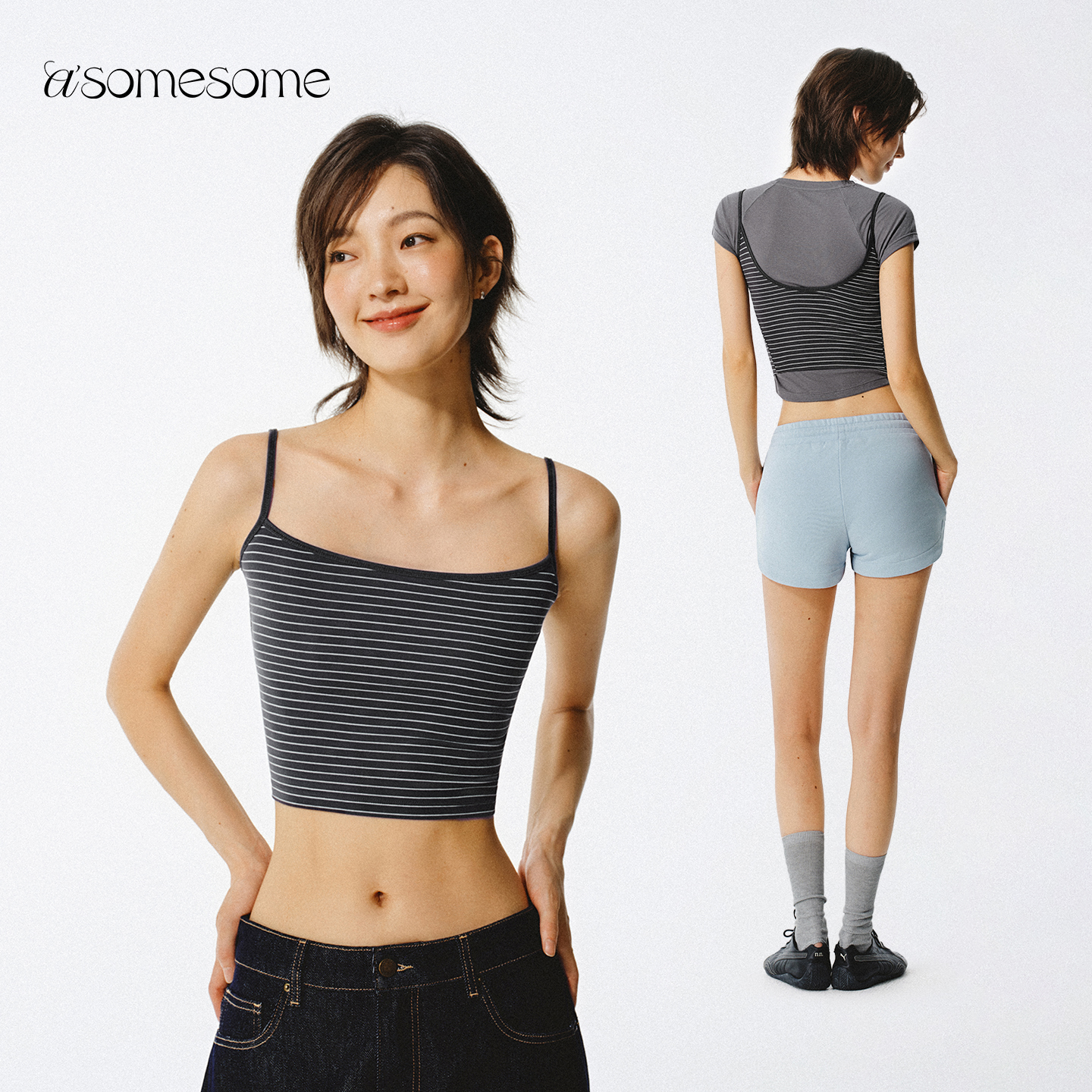 asomesome美式细肩带条纹吊带