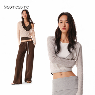 T恤防晒上衣 女秋新宽松长袖 asomesome美式 亚麻微透大V领针织罩衫