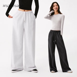 长裤 女春新运动休闲阔腿裤 子 灰色抽绳宽松直筒卫裤 asomesome美式