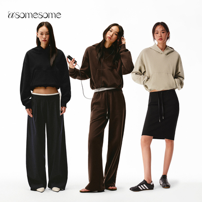 asomesome美式卡其连帽加绒卫衣