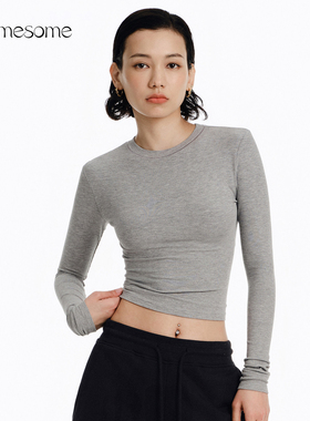 asomesome美式基础白色修身圆领长袖t恤女紧身上衣内搭灰色打底衫