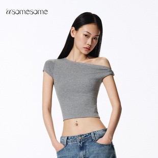 T恤女短款 辣妹扭结短袖 斜露肩紧身上衣 美式 asomesome欧阳娜娜同款