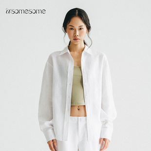 asomesome白色宽松亚麻衬衫女夏透气舒适长袖上衣薄外套防晒开衫