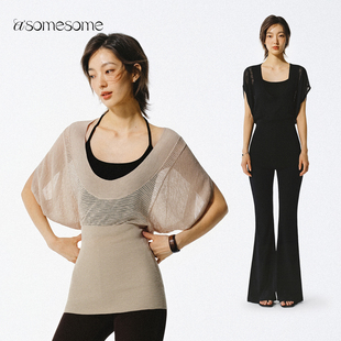 长款 女夏透气设计感短袖 收腰上衣 大V领镂空针织罩衫 asomesome美式