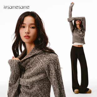 asomesome羊毛混纺杂色毛衣女秋冬内搭慵懒修身v领针织衫外套上衣