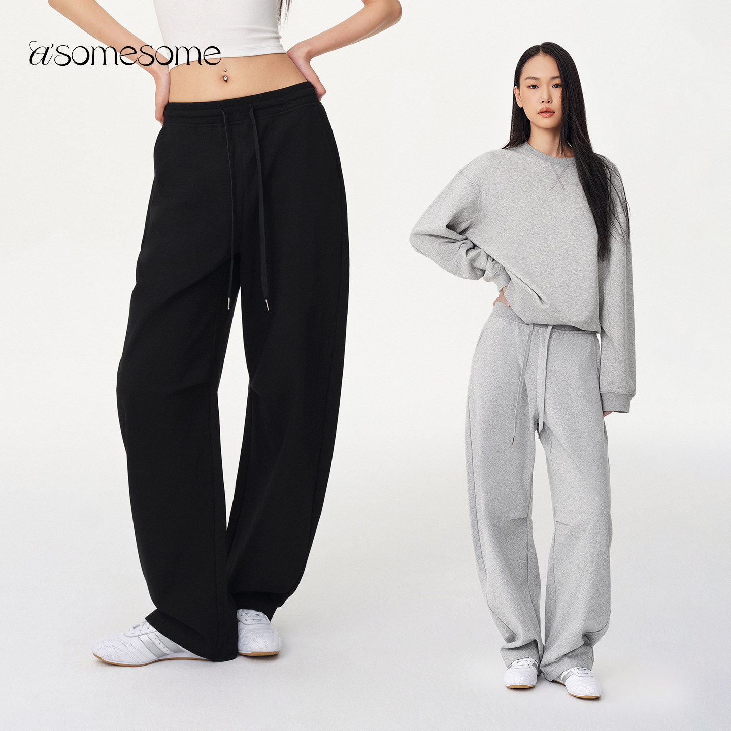 asomesome美式黑色加绒宽松运动卫裤女秋冬慵懒休闲弯刀香蕉裤图片