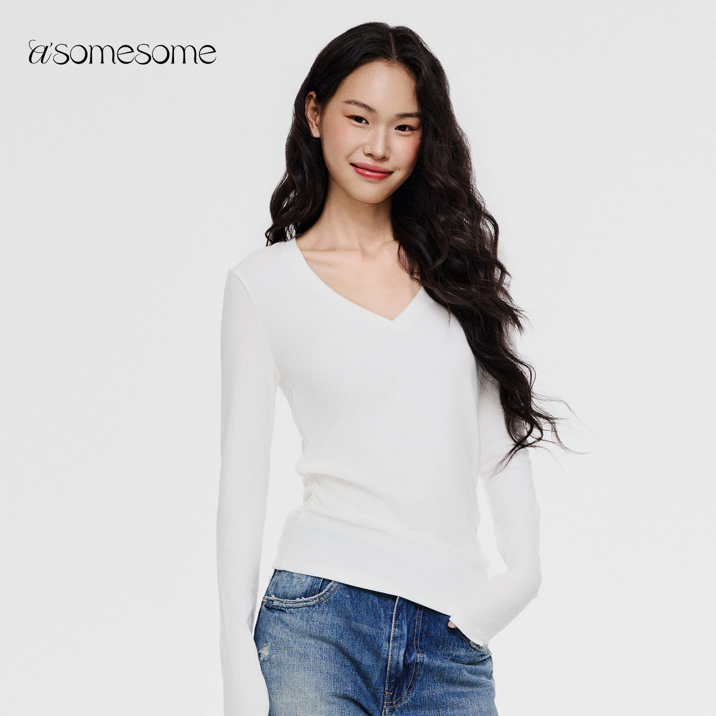 asomesome美式V领褶皱基础款打底长袖T恤女春新款修身内搭上衣,女装/女士精品,T恤,淘宝优惠券,粉丝福利购,淘宝优惠卷