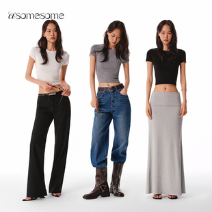 asomesome天丝羊毛美式圆领正肩白色短袖T恤女春新款微透修身上衣