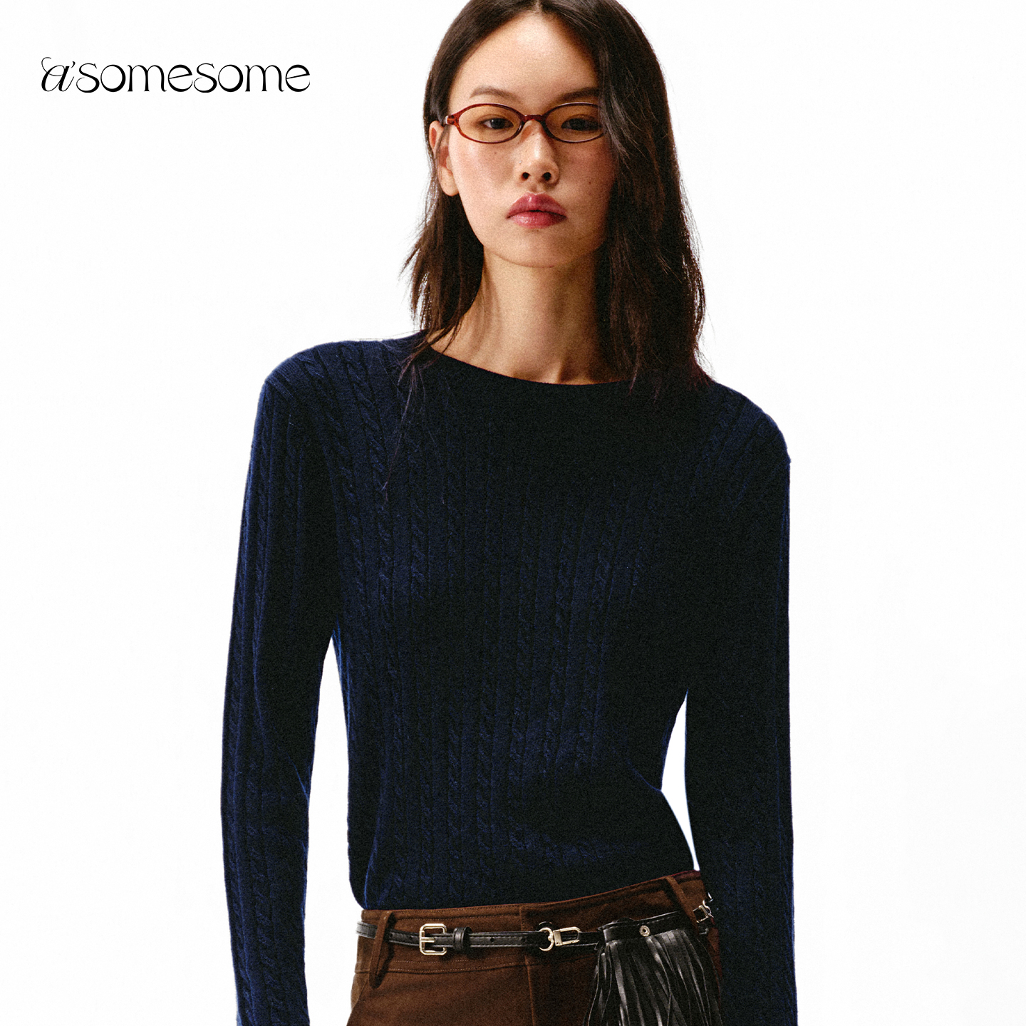 asomesome绵羊毛绞花套头毛衣女