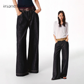 藏蓝色休闲裤 女秋垂感直筒裤 复古宽松阔腿牛仔裤 asomesome美式