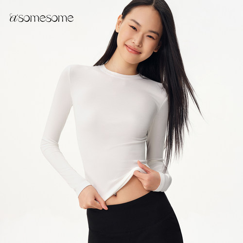 asomesome美式修身弹力白色针织打底衫女春新款圆领长袖内搭上衣