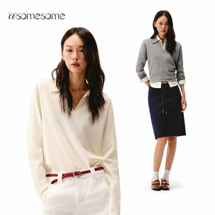 asomesome美式polo领宽松针织衫灰色羊毛衫女秋百搭显瘦内搭上衣