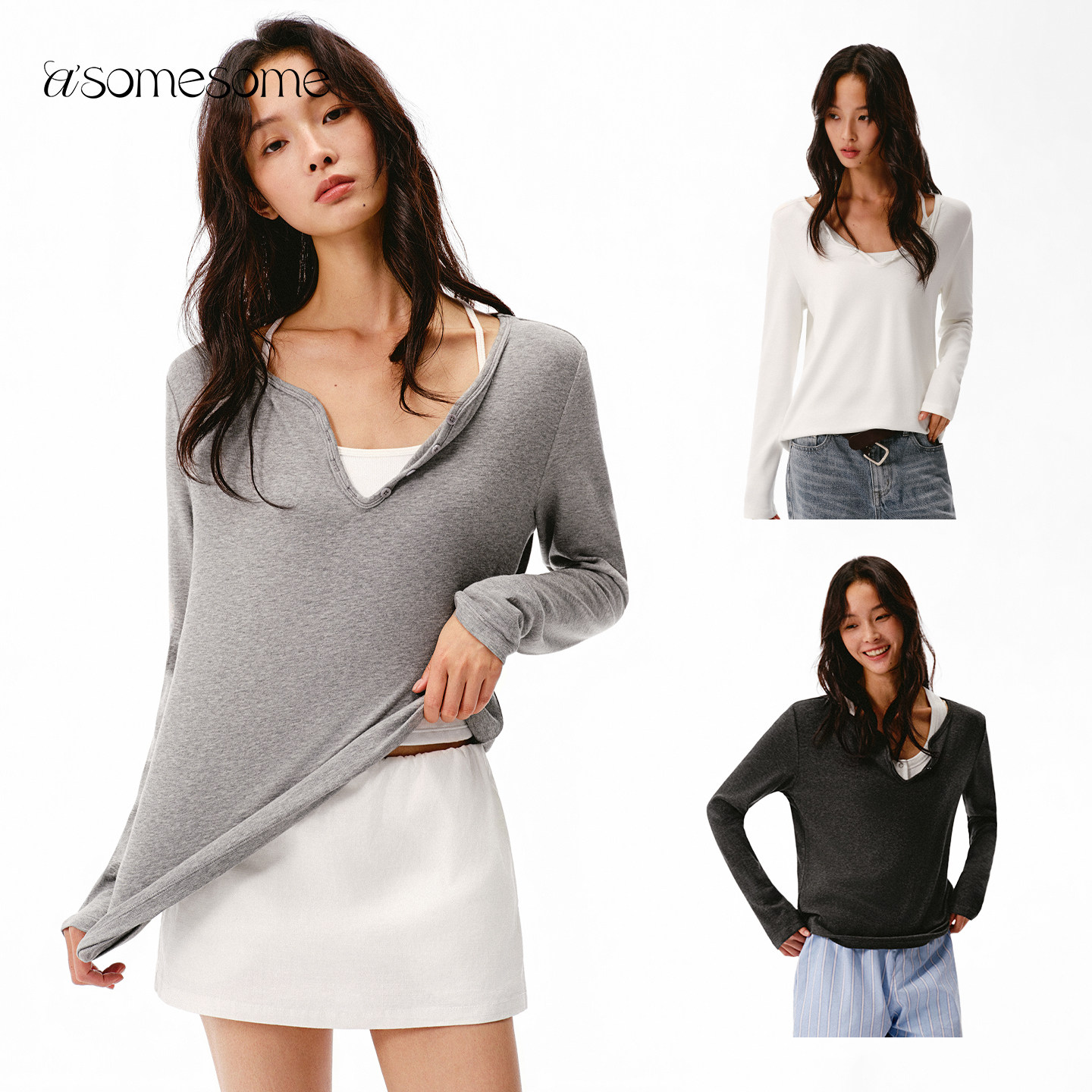 asomesome美式亨利领宽松针织长袖T恤女秋V领内搭打底衫显瘦上衣,女装/女士精品,T恤,淘宝优惠券,粉丝福利购,淘宝优惠卷