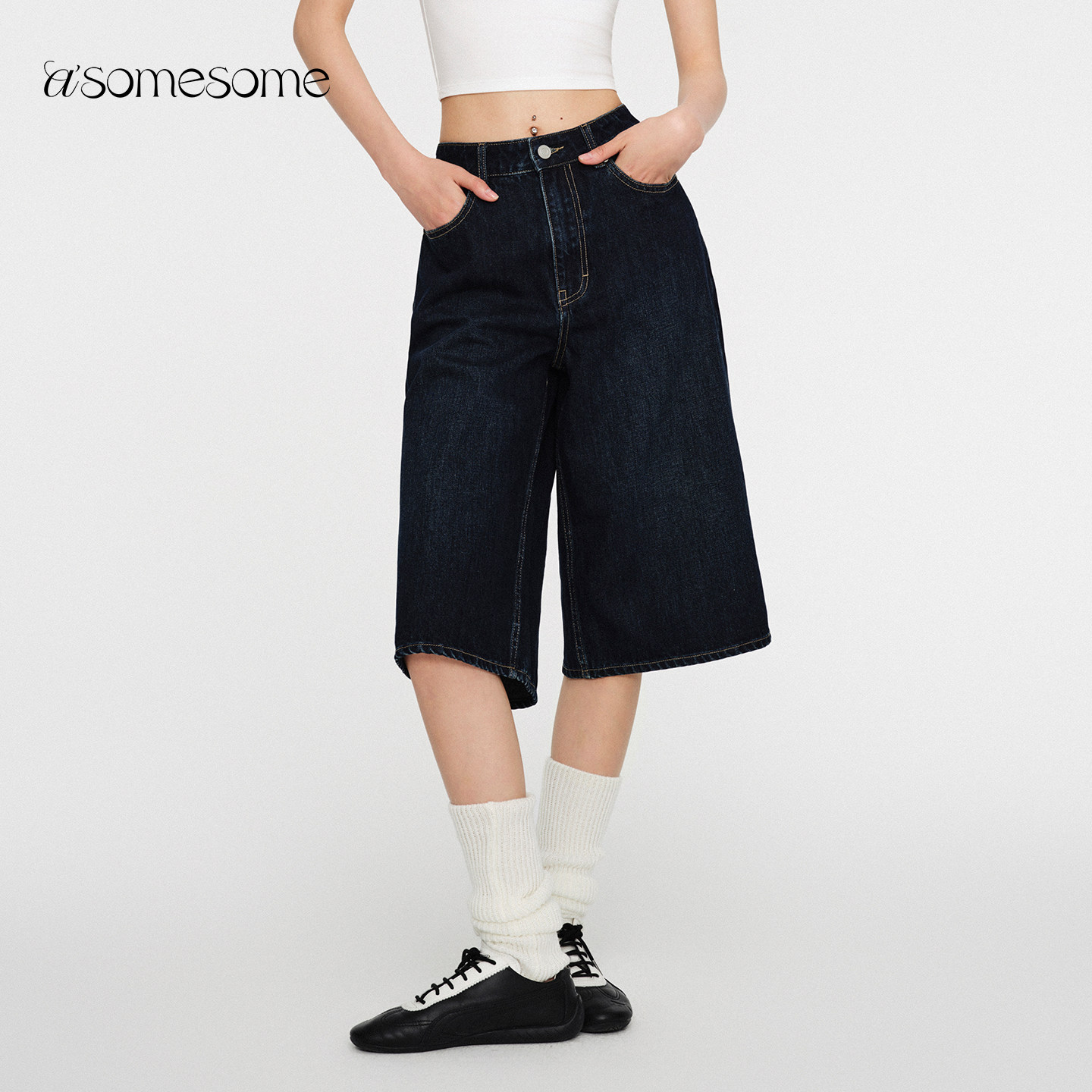 asomesome复古深蓝色阔腿牛仔七分裤女春夏新宽松直筒裤显瘦中裤