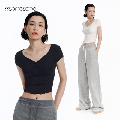 asomesome辣妹荷叶边v领短袖t恤女2026春夏修身内搭打底衫上衣