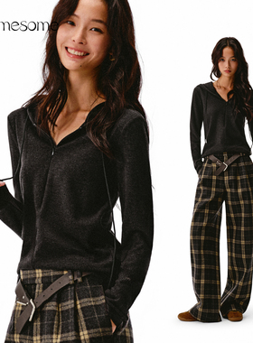 asomesome美式V领拉链连帽打底长袖T恤女秋新微宽松外套显瘦上衣