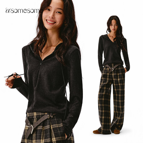 asomesome美式V领拉链连帽长袖女