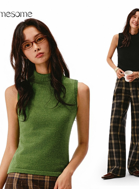 asomesome复古高领羊毛针织衫背心女秋修身打底无袖毛衣叠穿马甲
