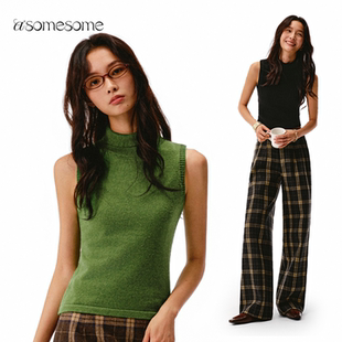 asomesome复古高领羊毛针织衫背心女秋修身打底无袖毛衣叠穿马甲