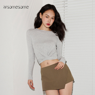 asomesome美式交叉褶皱长袖T恤女夏设计感修身显瘦露脐运动上衣