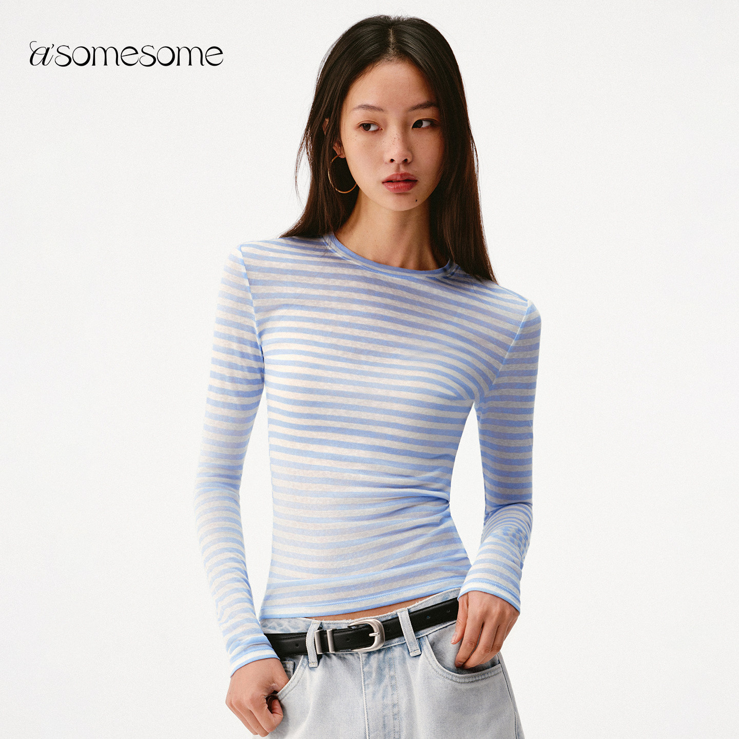 asomesome蓝色条纹莱赛尔微透修身长袖T恤女春新内搭打底衫上衣