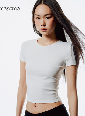 asomesome螺纹弹力圆领正肩短袖t恤女夏修身显瘦运动休闲半袖上衣