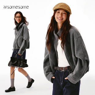 asomesome双面摇粒绒立领廓形宽松厚外套女秋冬短款保暖灰色上衣