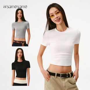 紧身短袖 T恤女春新短款 打底上衣 白色小圆领正肩修身 asomesome美式