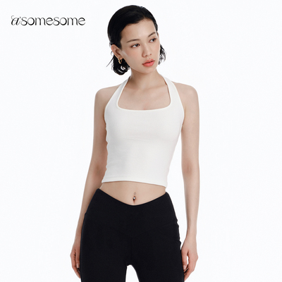 asomesome美式辣妹白色挂脖吊带背心女春夏红色挂脖运动内衣上衣