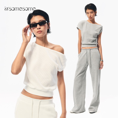 asomesome美式华夫格斜肩T恤女