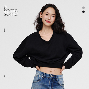 asomesome美式辣妹v领短款宽松套头卫衣女春款内搭休闲上衣