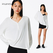 白色慵懒宽松上衣 t恤女秋微透防晒罩衫 asomesome美式 亨利领长袖