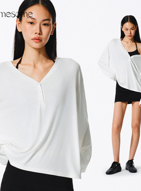 asomesome美式亨利领长袖t恤女秋微透防晒罩衫白色慵懒宽松上衣