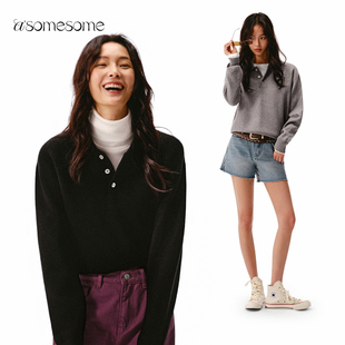 asomesome复古Polo领宽松羊毛针织衫女秋冬翻领毛衣保暖长袖上衣