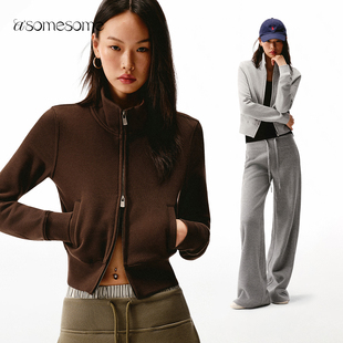 asomesome美式加绒修身短卫衣外套女秋冬运动休闲正肩夹克上衣