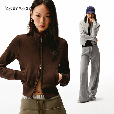 asomesome美式加绒修身短卫衣外套女秋冬运动休闲正肩夹克上衣