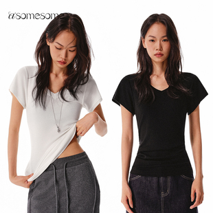 T恤显瘦上衣 女秋新透气收腰基础款 asomesome天丝羊毛V领长款 短袖