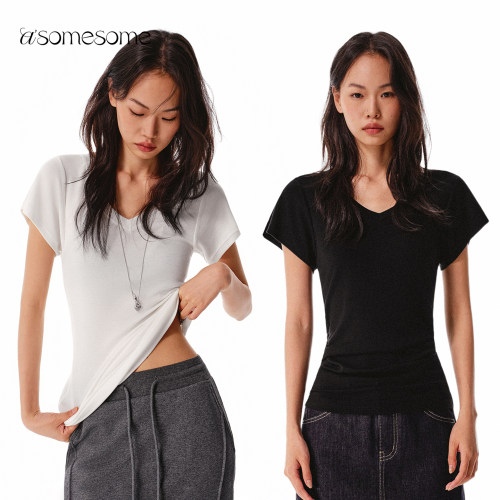 asomesome天丝羊毛V领长款短袖女